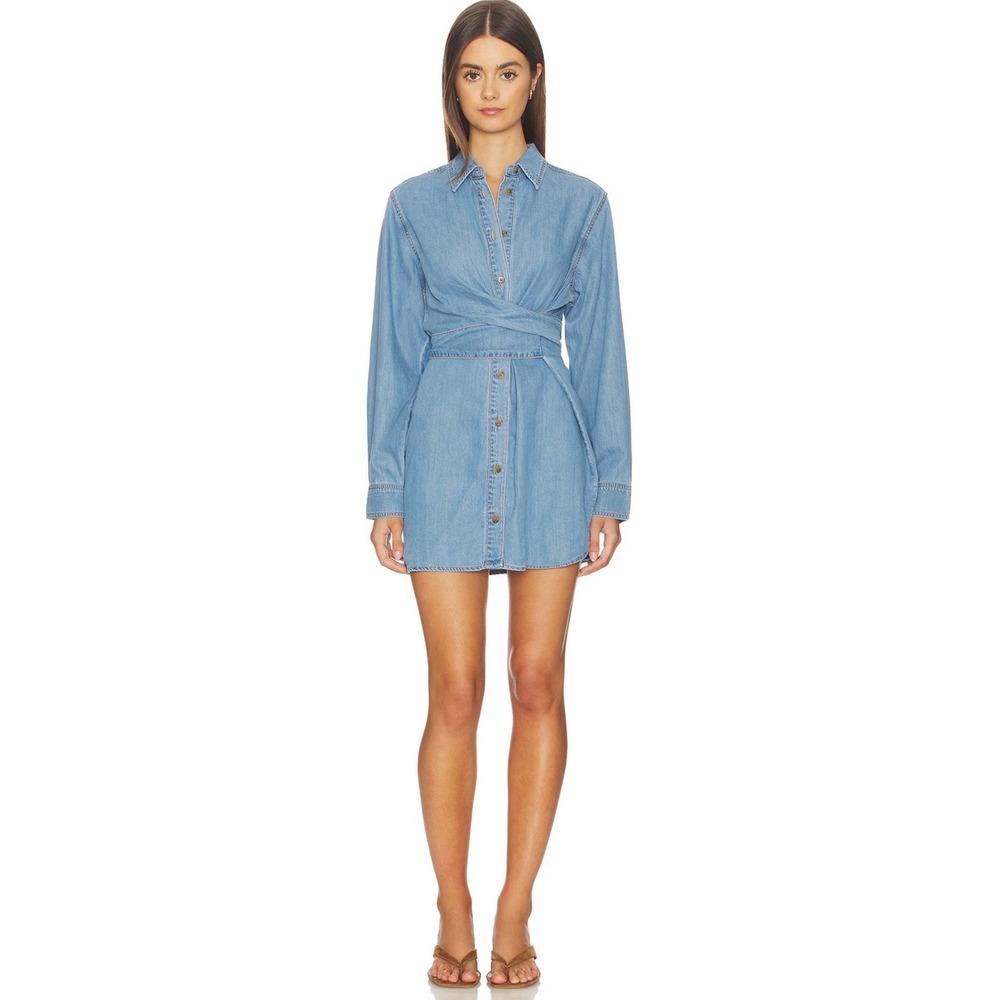 AQUA Denim Mini Shirt Dress Light Wash Wrap Tie Waist Long Sleeve Blue Small NEW